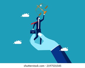 Support justice. businessman holding a scale standing on a supporting hand. vector