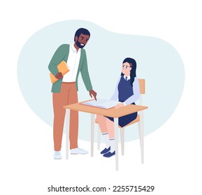 Support learner at school 2D vector isolated illustration. Male teacher explaining book to pupil flat characters on cartoon background. Colorful editable scene for mobile, website, presentation