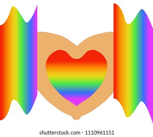 Support LGBT concept. Heart shape of brown hands and gradient rainbow colors on transparent (white) background. Colors of LGBTQ (lesbian, gay, bisexual, transgender, questioning). Vector illustration.