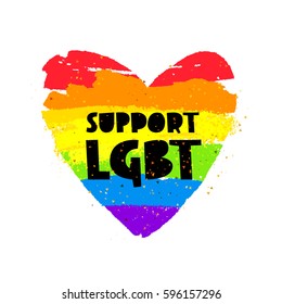 Support LGBT. Lettering. Big rainbow heart. Vector illustration on white background. Sex Culture concept.