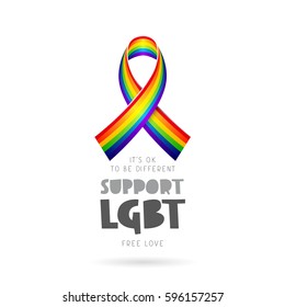 Support LGBT. It's okay to be different. Lettering. Rainbow ribbon. Vector illustration on white background. Sex Culture concept.