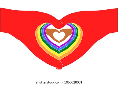 Support LGBTQ concept. Seven pairs of colorful hands in heart shape on transparent (white) background, stacking in rainbow colors (GLBT, or LGBT symbol) and skin color. Vector illustration, EPS10.