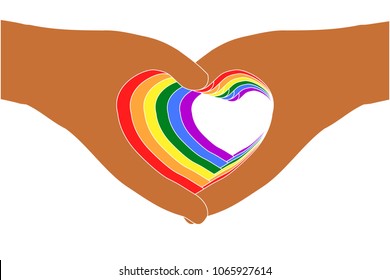 Support LGBTQ concept. Seven pairs of colorful hands in heart shape on transparent (white) background, stacking in human skin and rainbow colors (GLBT, or LGBT symbol). Vector illustration, EPS10.