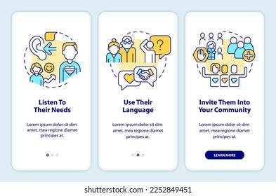 Support LGBTQ seniors onboarding mobile app screen. Community walkthrough 3 steps editable graphic instructions with linear concepts. UI, UX, GUI template. Myriad Pro-Bold, Regular fonts used