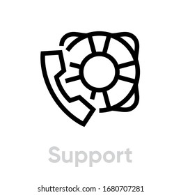 Support lifebuoy help icon. Editable line vector. Vintage handset and rescue circle, service. Single pictogram.