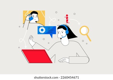 Concepto de línea de apoyo con la escena de la gente en el estilo de dibujo plano. Un hombre llamó al centro de apoyo para obtener asesoramiento especializado. Ilustración vectorial.