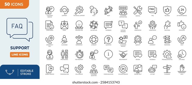 Support line editable icon set. Containing technical support, helpline, call center, mutual aid, service, help, hotline, assistance and more. Vector illustration