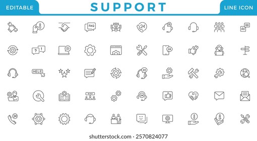 Support line icon set collection. Support, help, response, assist, technical, communication, faq and information vector illustration.