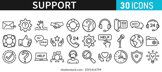 Support line vector icon set. Support icons for web and mobile app. Containing IT Support, Help Desk, Call Center, Customer Service Representative vector illustration