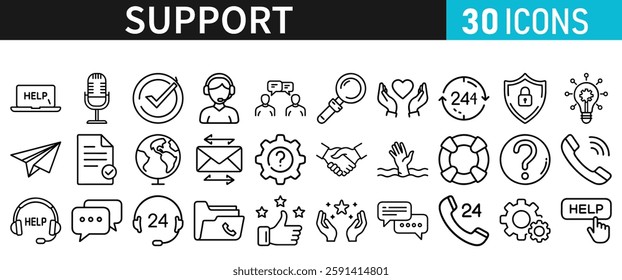 Support line vector icon set. Support icons for web and mobile app. Containing IT Support, Help Desk, Call Center, Customer Service Representative vector illustration