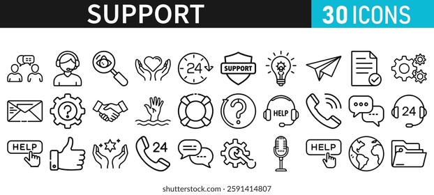 Support line vector icon set. Support icons for web and mobile app. Containing IT Support, Help Desk, Call Center, Customer Service Representative vector illustration