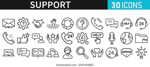 Support line vector icon set. Support icons for web and mobile app. Containing IT Support, Help Desk, Call Center, Customer Service Representative vector illustration