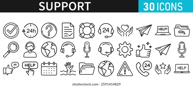 Support line vector icon set. Support icons for web and mobile app. Containing IT Support, Help Desk, Call Center, Customer Service Representative vector illustration