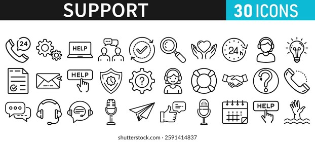 Support line vector icon set. Support icons for web and mobile app. Containing IT Support, Help Desk, Call Center, Customer Service Representative vector illustration