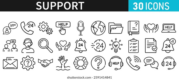 Support line vector icon set. Support icons for web and mobile app. Containing IT Support, Help Desk, Call Center, Customer Service Representative vector illustration