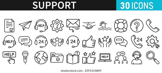 Support line vector icon set. Support icons for web and mobile app. Containing IT Support, Help Desk, Call Center, Customer Service Representative vector illustration