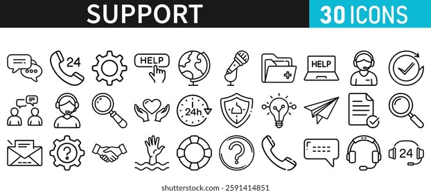 Support line vector icon set. Support icons for web and mobile app. Containing IT Support, Help Desk, Call Center, Customer Service Representative vector illustration