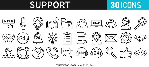 Support line vector icon set. Support icons for web and mobile app. Containing IT Support, Help Desk, Call Center, Customer Service Representative vector illustration