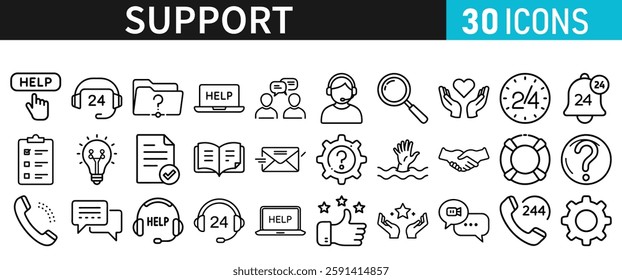 Support line vector icon set. Support icons for web and mobile app. Containing IT Support, Help Desk, Call Center, Customer Service Representative vector illustration