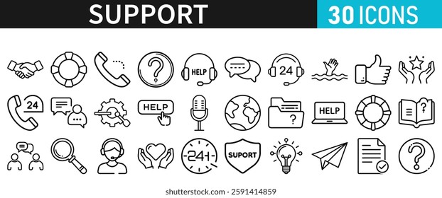 Support line vector icon set. Support icons for web and mobile app. Containing IT Support, Help Desk, Call Center, Customer Service Representative vector illustration