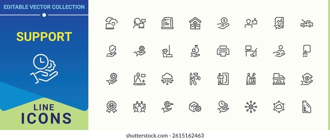 Support linear icon collection. Contain linear symbols technical, assist, solution and more. Service icon pack. Icons for website. Editable stroke. Vector collection.