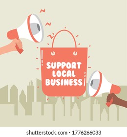 support local business campaign with shopping bag and megaphones vector illustration design