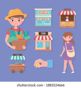 support local business, icons set farmer, woman vegetables local shop coffee store vector illustration