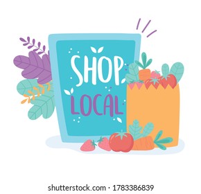 support local business, shop small market, board and paper bag with food vector illustration