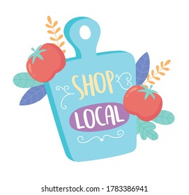 apoyar a las empresas locales, comprar texto de tablero de pequeño mercado e ilustración vectorial de verduras