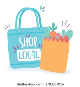support local business, shop small market eco and paper bag with food vector illustration