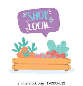 support local business, shop small market organic fruits vegetables food vector illustration