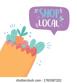 support local business, shop small market paper bag with vegetables and fruits vector illustration