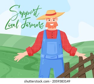 Support local farm banner design. Man farmer standing, gathering harvest. Young guy planting crops, gardening, working on farm, making local organic food. Vector illustration on background of farm.