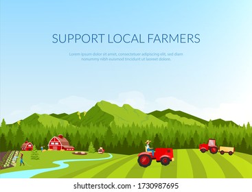 Support local farmers banner flat vector template. Brochure, poster concept design with cartoon characters. Farmland workers. Agriculture horizontal flyer, leaflet with place for text