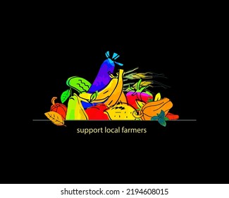 Support local farmers card, print or poster. Bright fruits and vegetables. Vector concept of local farms protection.