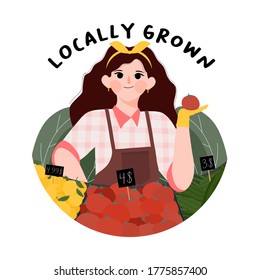 Support local farmers concept. Eat Local organic production. Happy Agricultural worker. farmer selling vegetables flat vector illustration