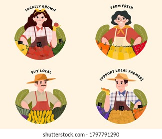 Support local farmers concept and Farmer's Market background labels. Set farmer standing at counter of greengrocer's shop or marketplace selling autumn fruits and vegetables. Hand drawn illustration