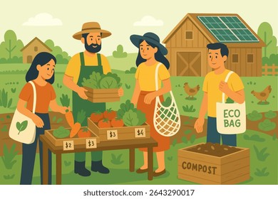 Support Local Farmers Eco Shopping with Fresh Vegetables. Sustainable Farm Market Set Flat Vector Elements of Eco Farm, Farmers, Compost, Chickens, and Organic Produce