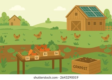 Support Local Farmers Eco Shopping with Fresh Vegetables. Sustainable Farm Market Set Flat Vector Elements of Eco Farm, Farmers, Compost, Chickens, and Organic Produce