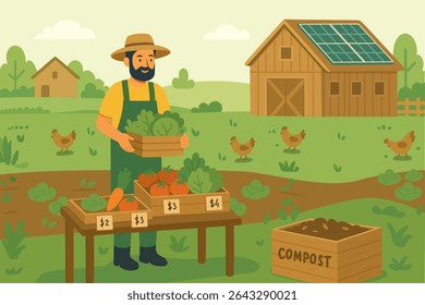 Support Local Farmers Eco Shopping with Fresh Vegetables. Sustainable Farm Market Set Flat Vector Elements of Eco Farm, Farmers, Compost, Chickens, and Organic Produce