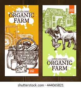 Support local farmers organic farm vertical banners with farm animals tractor dairy products and vegetables on wooden background sketch hand drawn isolated vector illustration