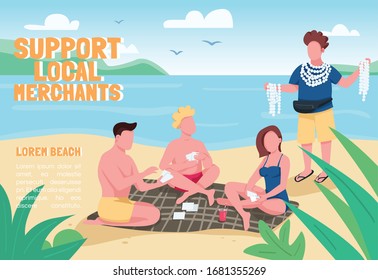 Support local merchants banner flat vector template. Brochure, poster concept design with cartoon characters. Tourists buying seashell souvenirs at beach horizontal flyer, leaflet with place for text