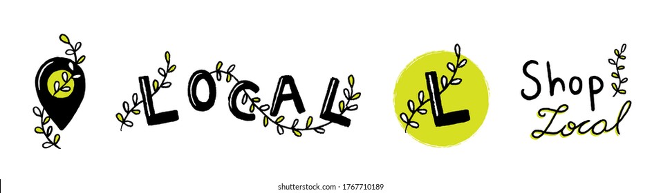 Support local and natural products and businesses concept. Hand drawn authentic GPS pin illustrations and words set. Vectorial isolated illustration on white background.