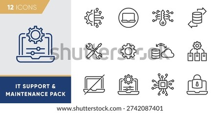 IT Support and Maintenance Line Icons – Technical Service, System Repair and Infrastructure Management Vector Set