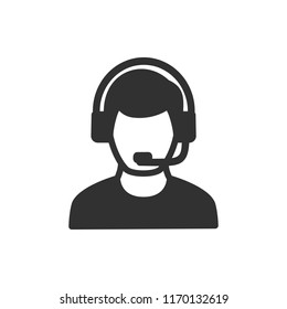 Support. Man in headphones with microphone. monochrome icon