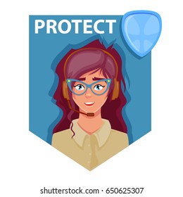 Support manager, assistant, woman, call center, vector illustration isolated on white background, protect center