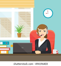 Support manager. Beautiful smiling woman with headphones. Vector flat illustration