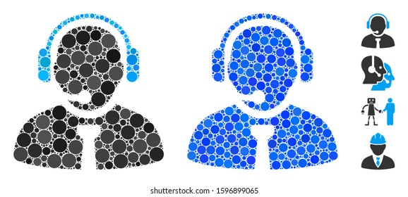 Support manager composition of round dots in different sizes and color tints, based on support manager icon. Vector round dots are composed into blue composition.