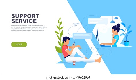 Support manager with headset helps a young man in solving his problem. Landing page design. Support service concept. Live chat operator or Online customer support service assistant.