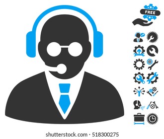 Support Manager icon with bonus configuration clip art. Vector illustration style is flat iconic blue and gray symbols on white background.